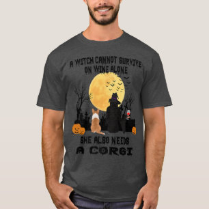 Witch Wine And Corgi Dog Mum Funny Halloween Costu T-Shirt
