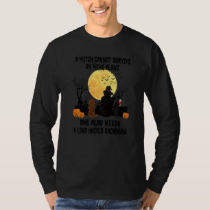 Witch Wine And Long Haired Dachshund Dog Halloween T-Shirt