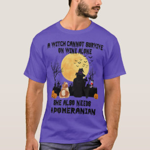 Witch Wine And Pomeranian Dog Mum Funny Halloween T-Shirt