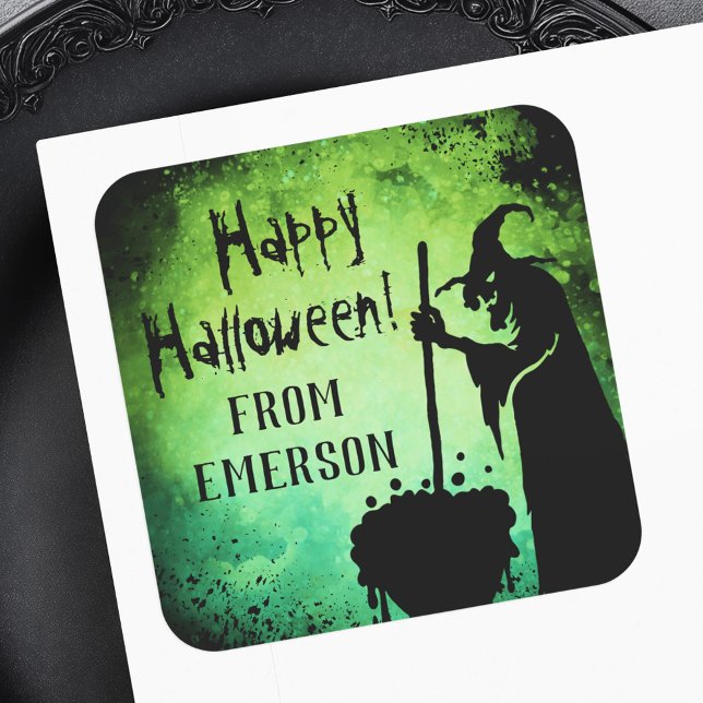 Witch witch cauldron gren black Happy Halloween Sq Square Sticker (Witch witch cauldron gren black Happy Halloween Square Sticker)