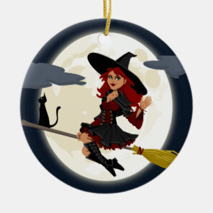 witch witchcraft broomstick broom ceramic tree decoration