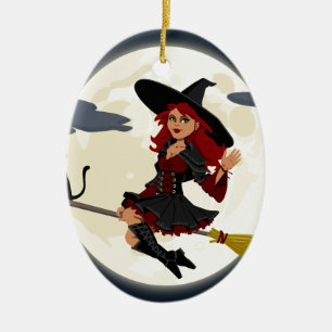 witch witchcraft broomstick broom ceramic tree decoration