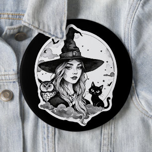 Witch with a Cat and an Owl - Halloween Fan Fun 1 6 Cm Round Badge