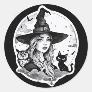 Witch with a Cat and an Owl - Halloween Fan Fun 1 Classic Round Sticker