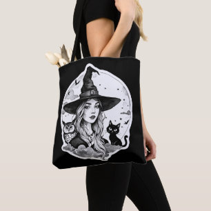 Witch with a Cat and an Owl - Halloween Fan Fun 1 Tote Bag