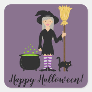 Witch With A Cat & Happy Halloween Text Square Sticker