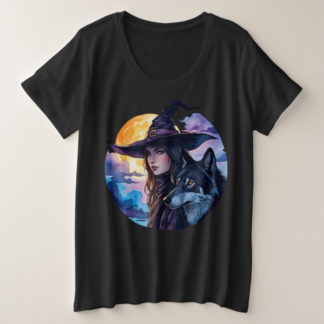Witch with a Wolf - Halloween Fan Fun 1 Plus Size T-Shirt (Design Front)