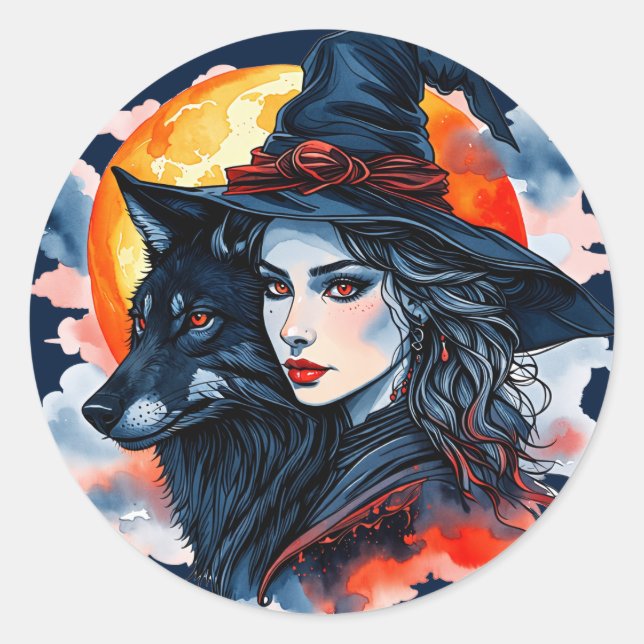 Witch with a Wolf - Halloween Fan Fun 2 Classic Round Sticker (Front)