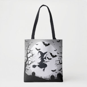 Witch With Bats Funny Halloween Theme Tote Bag