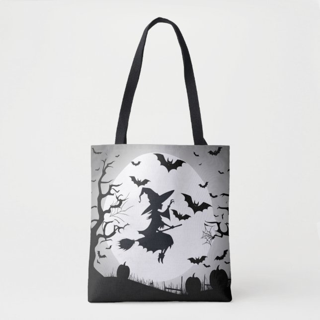 Witch With Bats Halloween Tote Bag - Eerie Theme  (Front)