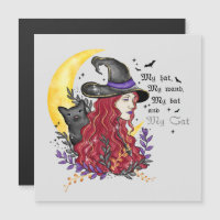 Witch with Black Cat and Crescent Moon