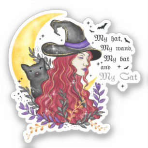 Witch with Black Cat and Crescent Moon