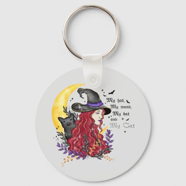 Witch with Black Cat and Crescent Moon Key Ring (Front)