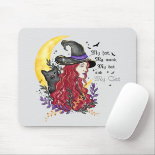 Witch with Black Cat and Crescent Moon Mouse Pad