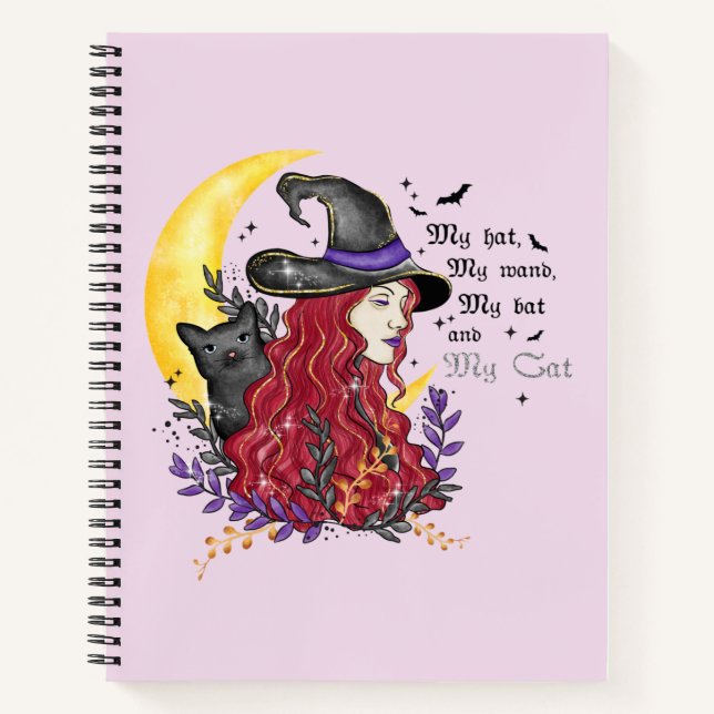 Witch with Black Cat and Crescent Moon Notebook (Front)