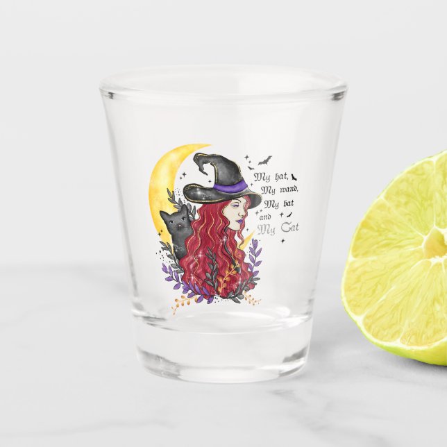Witch with Black Cat and Crescent Moon Shot Glass (Front)