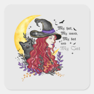 Witch with Black Cat and Crescent Moon Square Sticker