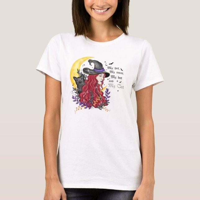Witch with Black Cat and Crescent Moon T-Shirt (Front)