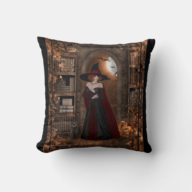 Witch with Black Cat Fantasy Pillow (Front)