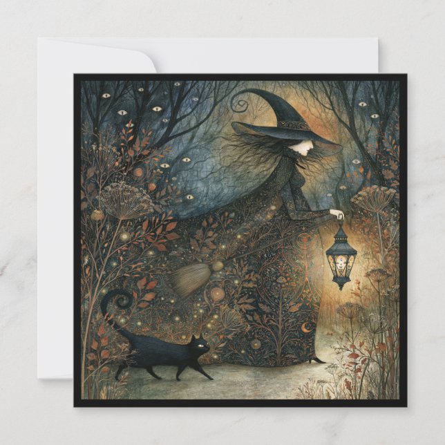 Witch with Black Cat Halloween Party Invitation (Front)