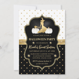 Witch with Black & White Polka Dots Sweet 16 Invitation