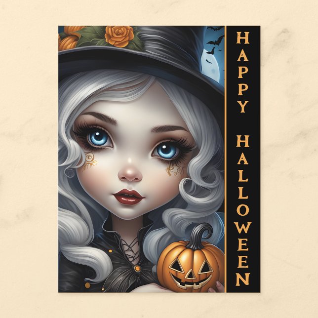 Witch with Carved Pumpkin Happy Halloween Postcard (🧙‍♀️ Spooky Greetings: Witch Doll Halloween Postcard! 🎃)
