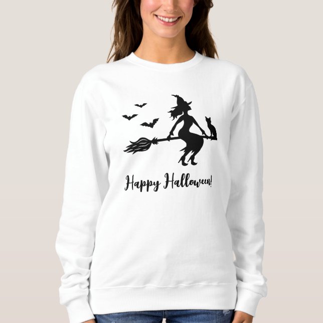 Witch With Cat And Bats Silhouette Happy Halloween Sweatshirt (Front)