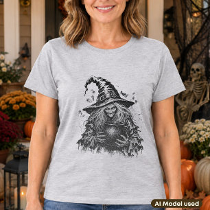 Witch with Cauldron Vintage Gothic Illustration T-Shirt