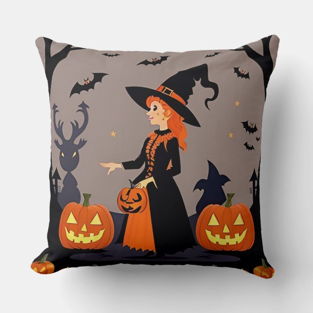 Witch With Pumpkins, Bats, and Spooky Decor Cushion (Front)