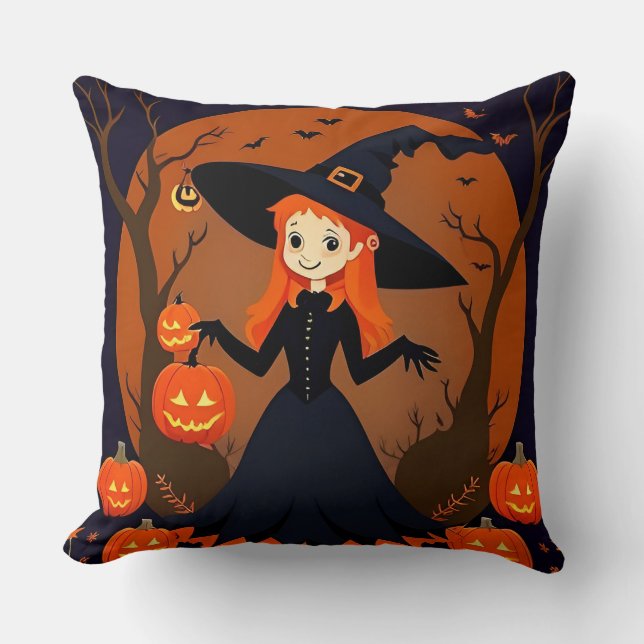 Witch With Pumpkins, Bats, and Spooky Decor Cushion (Front)