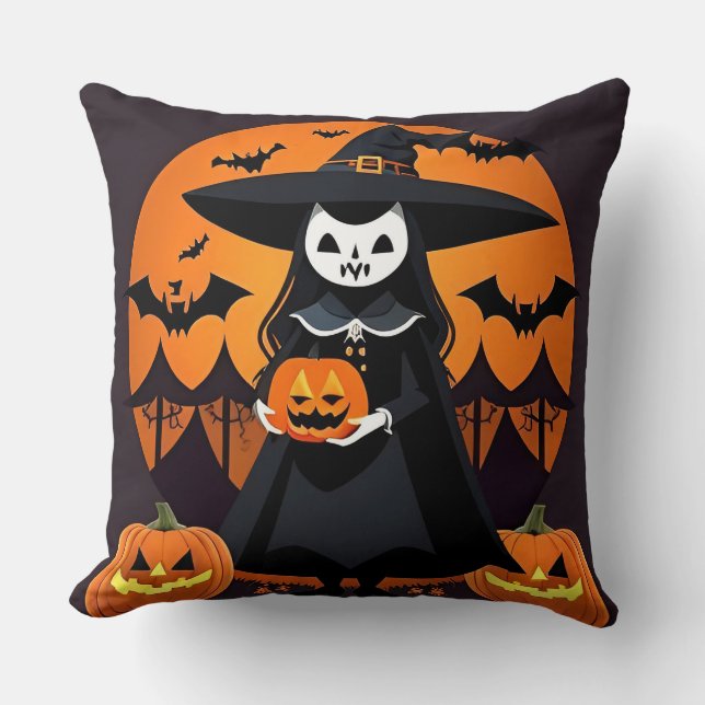 Witch With Pumpkins, Bats, and Spooky Decor Cushion (Front)