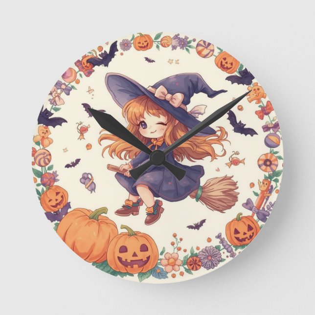 Witch with Pumpkins Halloween Clock (Front)