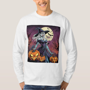 Witch with Pumpkins Under Full Moon T-Shirt