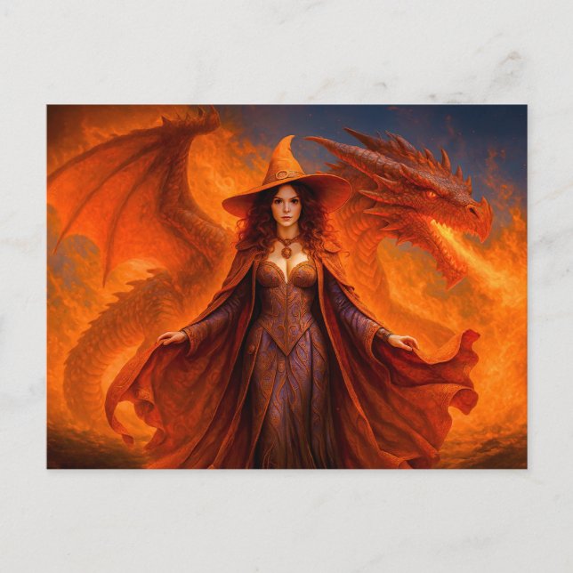 Witch with red dragon and blazing fire holiday postcard (Front)