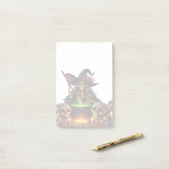 Witch with skeleton and caldron. post-it notes (On Desk)