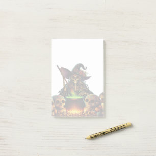 Witch with skeleton and cauldron. post-it notes