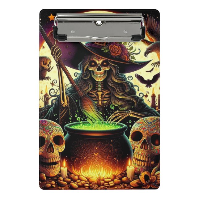 Witch with skeletons and caldron. mini clipboard (Front)