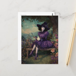 Witch With Tea on a Bench Under a Tree Postcard
