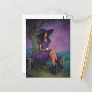 Witch With Tea on a Bench Under a Tree Postcard