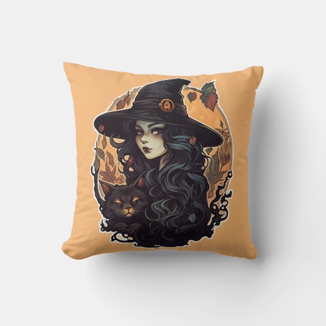 Witch with the black cat halloween cushion (Front)