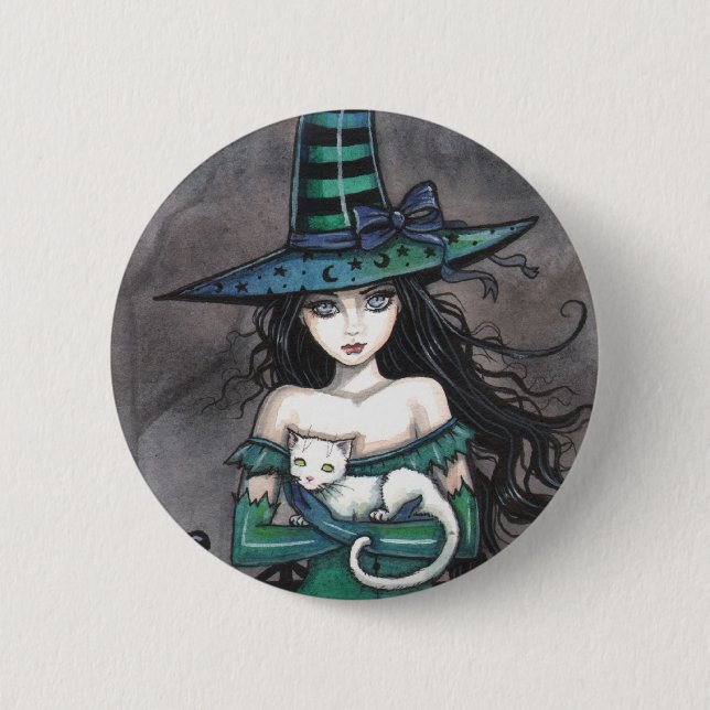 Witch with White Cat Pinback Button (Front)