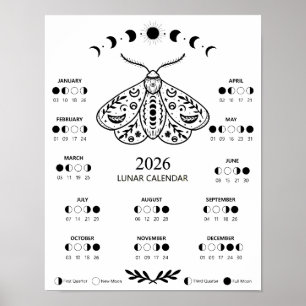 Witchcraft Moth Celestial Lunar Moon Calendar Poster
