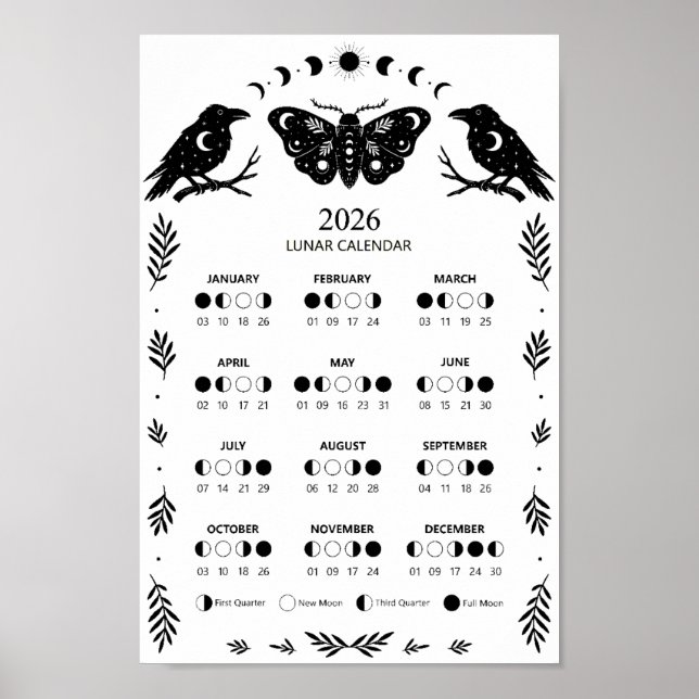 Witchcraft Moth Crow Celestial Lunar Moon Calendar Poster (Front)