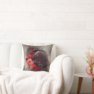 Witchery Crescent Moon with Gothic Red Roses Cushion