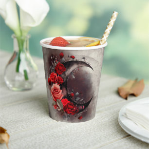 Witchery   Crescent Moon with Gothic Red Roses Paper Cups