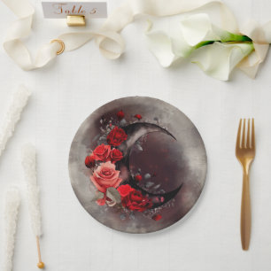 Witchery   Crescent Moon with Gothic Red Roses Paper Plate