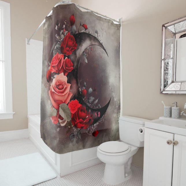 Witchery | Crescent Moon with Gothic Red Roses Shower Curtain (In Situ)