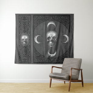 Witchery Flourish   Dark Grey Skull and Moon Tapestry