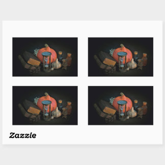 Witchery objects on a table in a dark room rectangular sticker