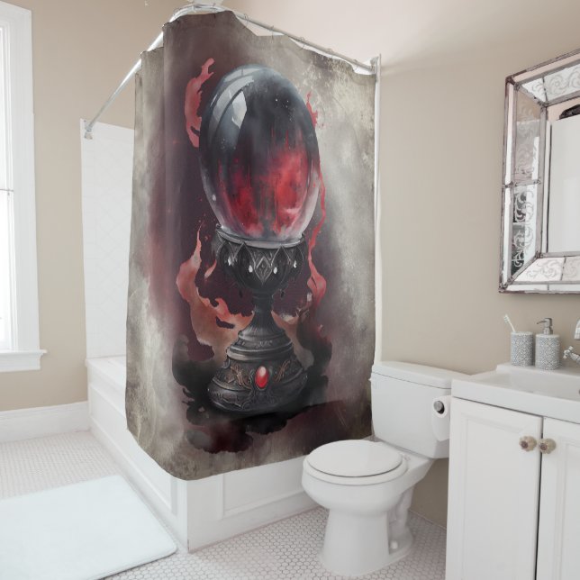 Witchery | Smoky Red Jewelled Magical Crystal Ball Shower Curtain (In Situ)